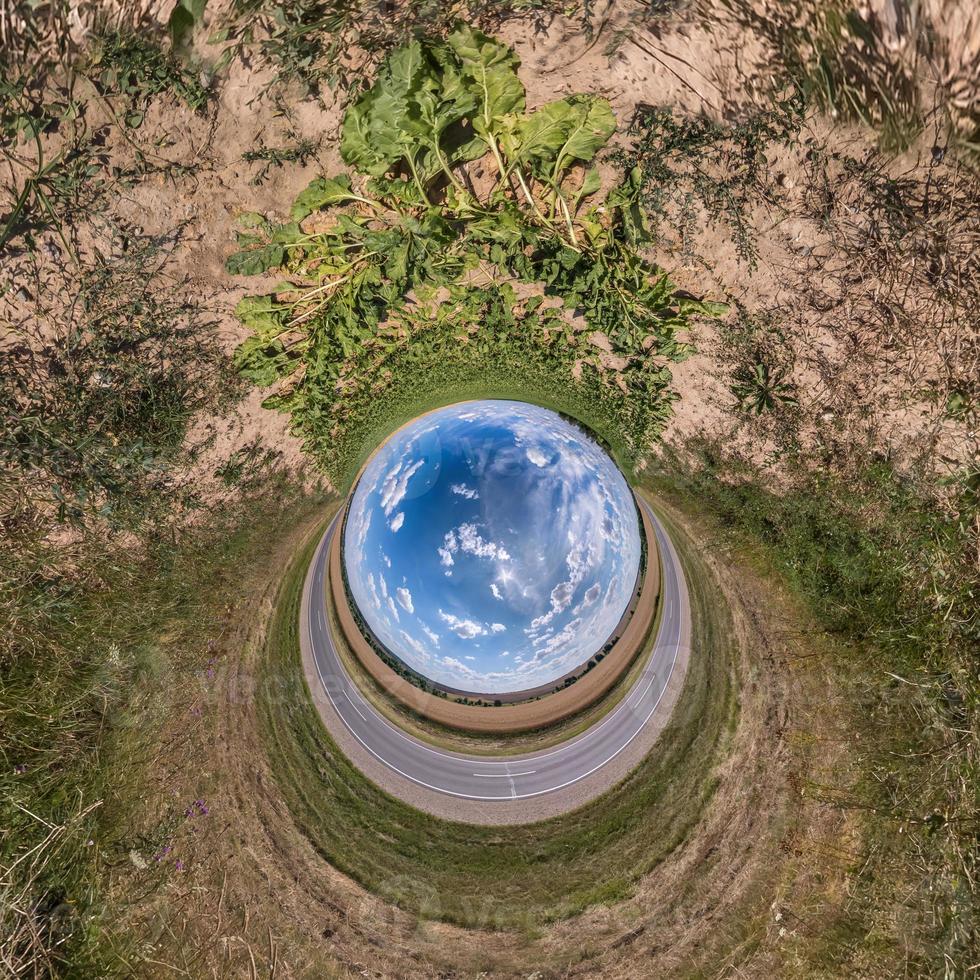 Blue little planet. Inversion of tiny planet transformation of spherical panorama 360 degrees. Spherical abstract aerial view. Curvature of space. photo