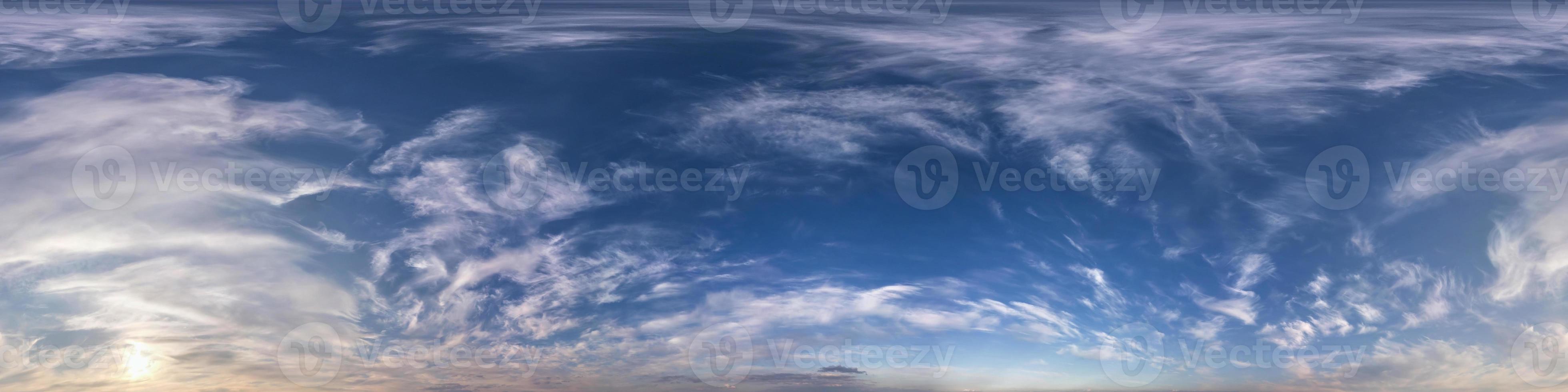 blue sky with beautiful fluffy clouds without ground. Seamless hdri panorama 360 degrees angle view without ground for use in 3d graphics or game development as sky dome or edit drone shot photo