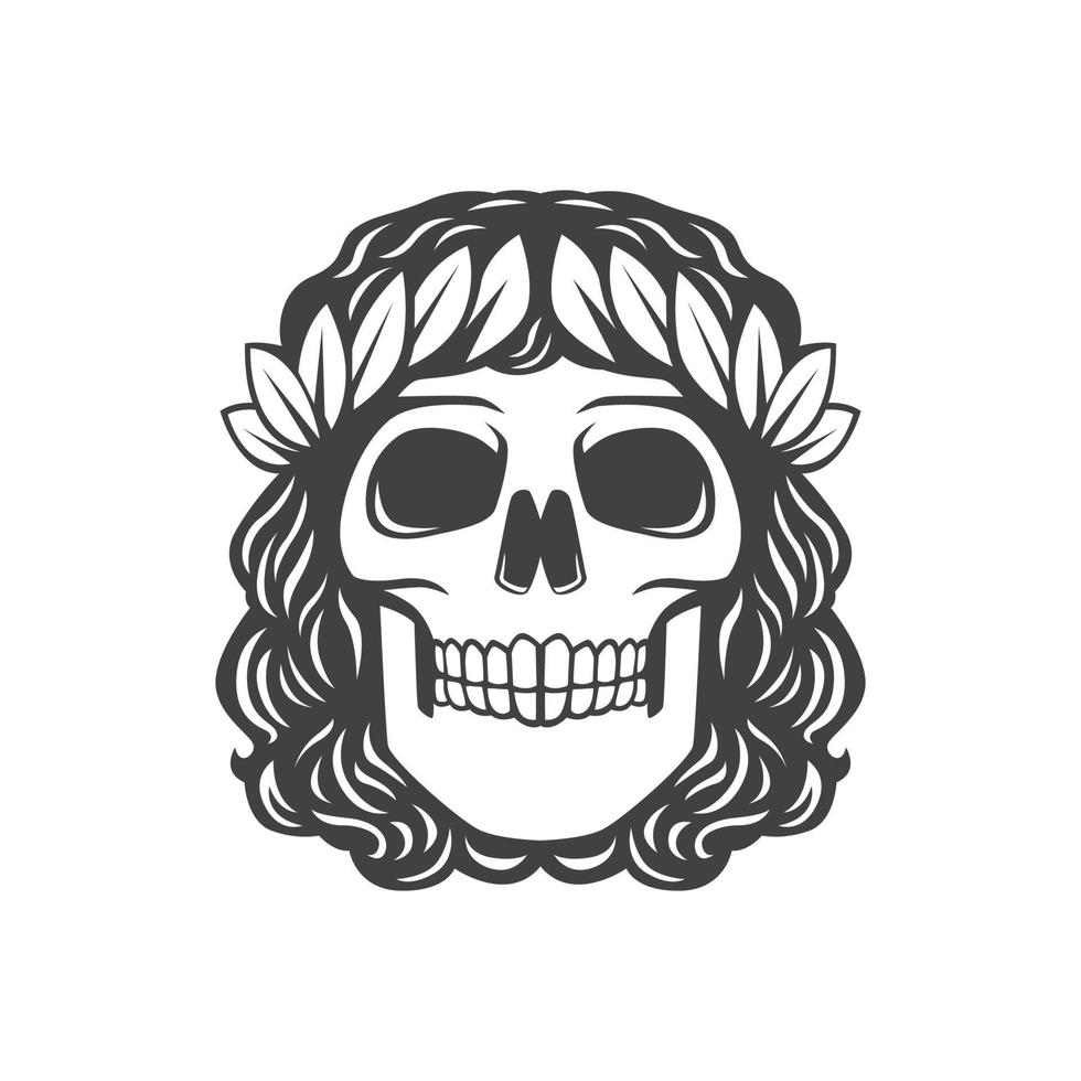 long-haired skull with leaves around the head vector