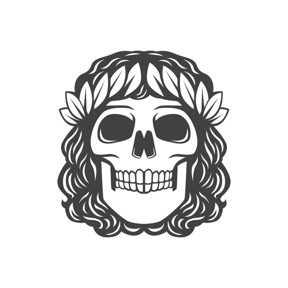 long-haired skull with leaves around the head vector