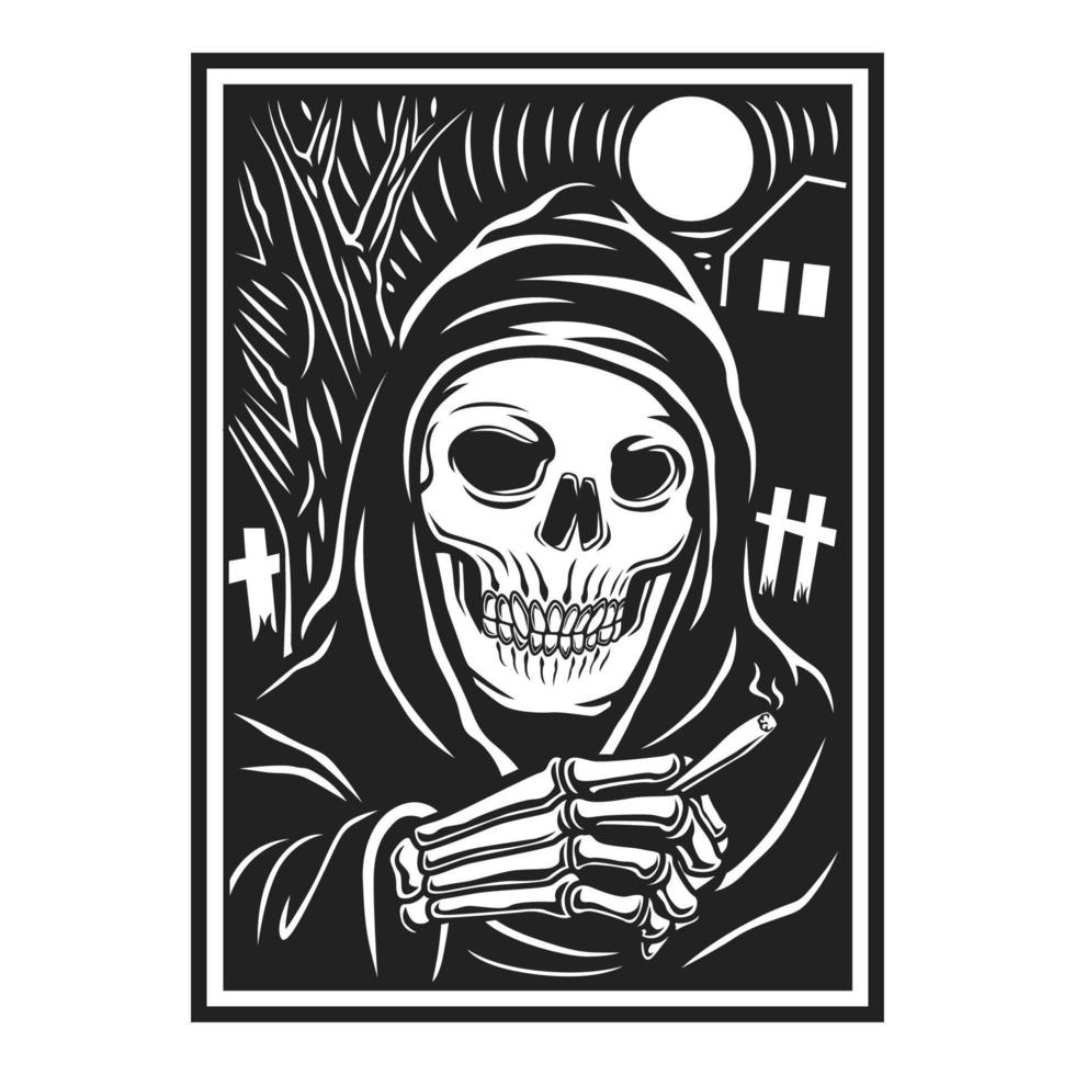 personaje de calavera haciendo ilustración de vector de cigarrillo de fumar