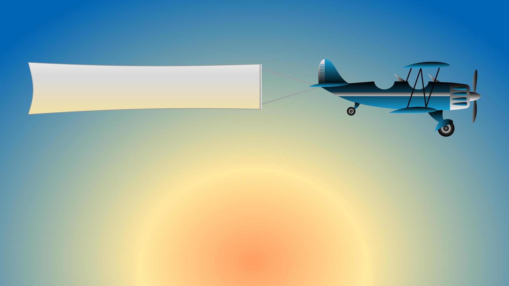 A blue biplane with an advertising poster is flying against the sunset background. An airplane against the sky. vector
