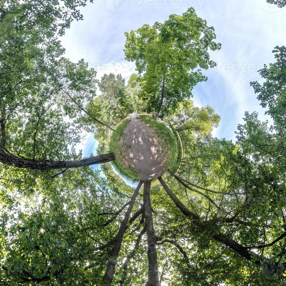 pequeño planeta transformación de panorama esférico 360 grados. vista aérea abstracta esférica en el bosque. curvatura del espacio. foto