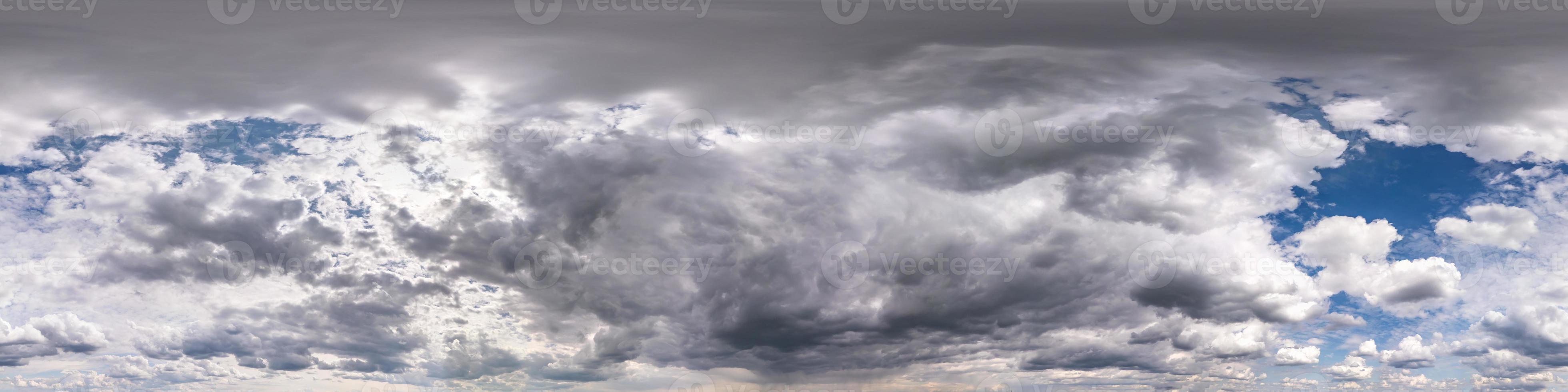 dark sky with beautiful black clouds before storm. Seamless hdri panorama 360 degrees angle view with zenith without ground for use in 3d graphics or game development as sky dome or edit drone shot photo