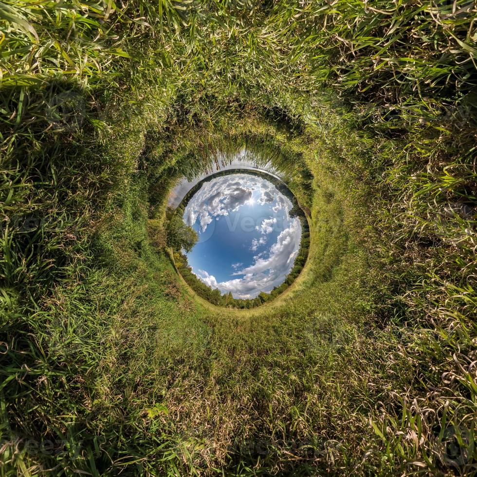 Blue little planet. Inversion of tiny planet transformation of spherical panorama 360 degrees. Spherical abstract aerial view. Curvature of space. photo