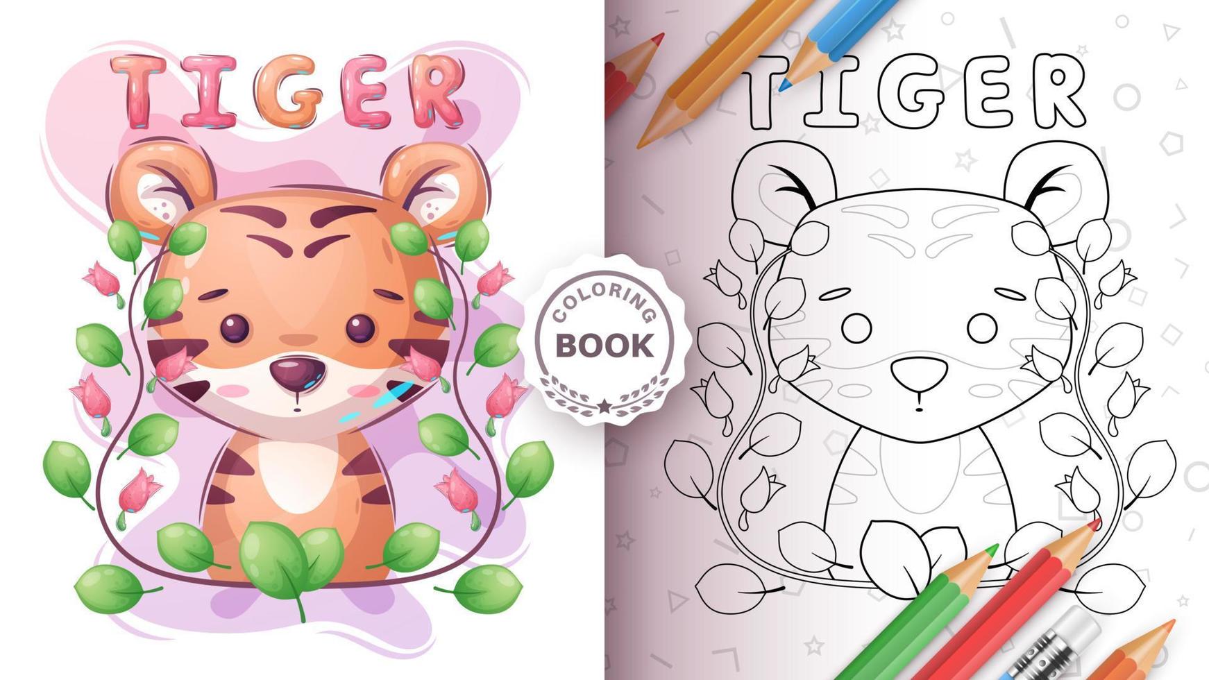 página de coloreado personaje de dibujos animados tigre adorable, bonita idea animal para imprimir camiseta, afiche y sobre para niños, postal. lindo tigre de estilo dibujado a mano vector