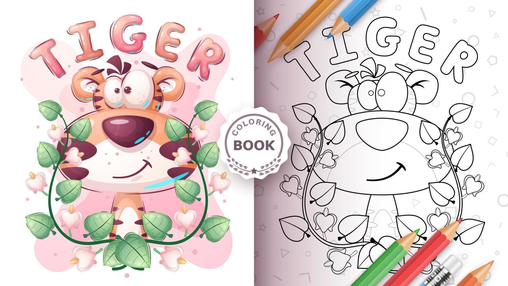 Coloring page cartoon character adorable tiger, pretty animal idea for print t-shirt, poster and kids envelope, postcard. Cute hand drawn style tiger vector