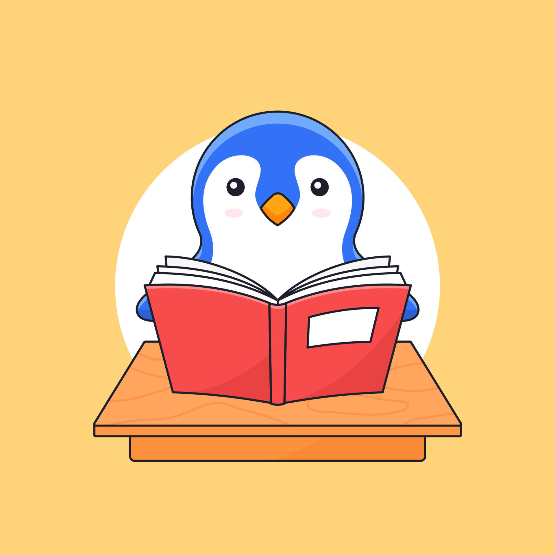 Penguin reading book on classroom table for animal activity vector
