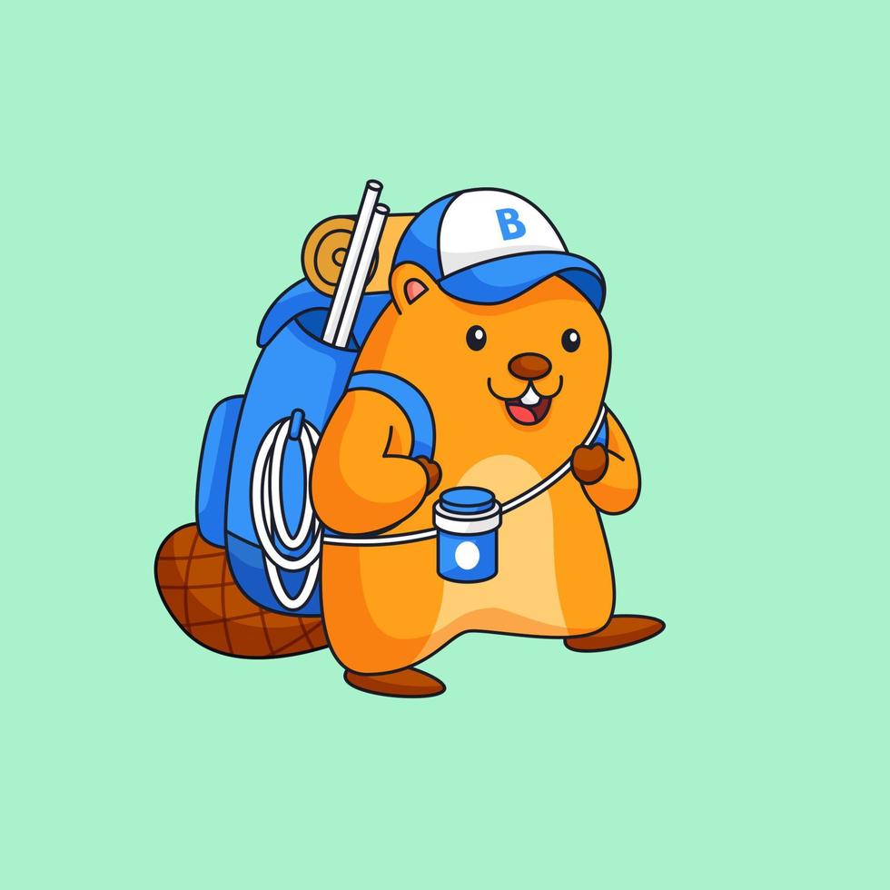 castor quiere ir a acampar animal usar mochila grande y herramienta de aventura contorno vectorial ilustración mascota vector