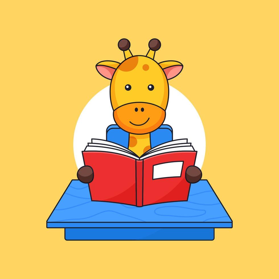 Giraffe read book on classroom table for animal school activity vector outline illustration mascot