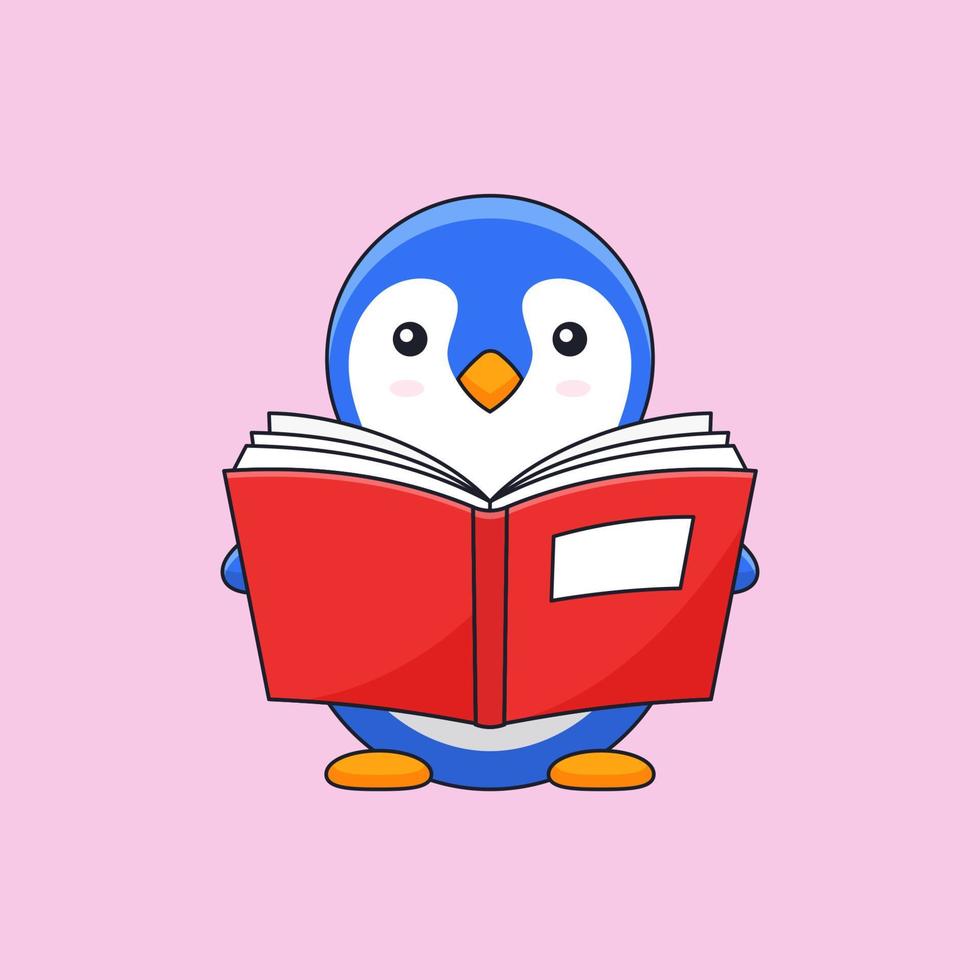 Cute penguin enjoy read thick book vector outline illustration mascot