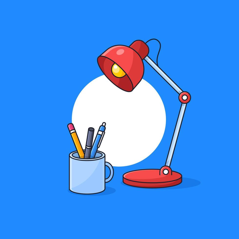 A cup full of student tools with desk lamp vector illustration. Pencil, pen, marker with studying light bulb cartoon style minimal outline flat design