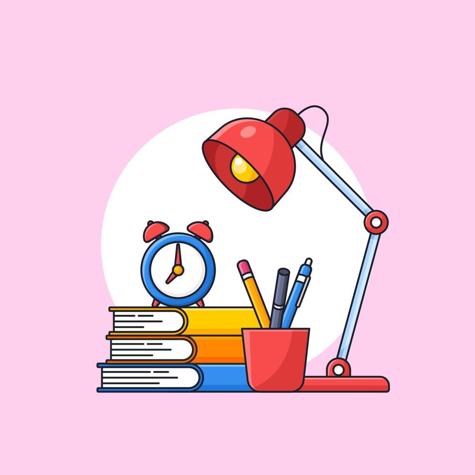 pila de libros con reloj despertador en la parte superior y herramientas de estudio de vidrio completo y lámpara de escritorio para estudiantes ilustración vectorial mínima simple para el diseño plano del esquema del póster de regreso a la escuela vector