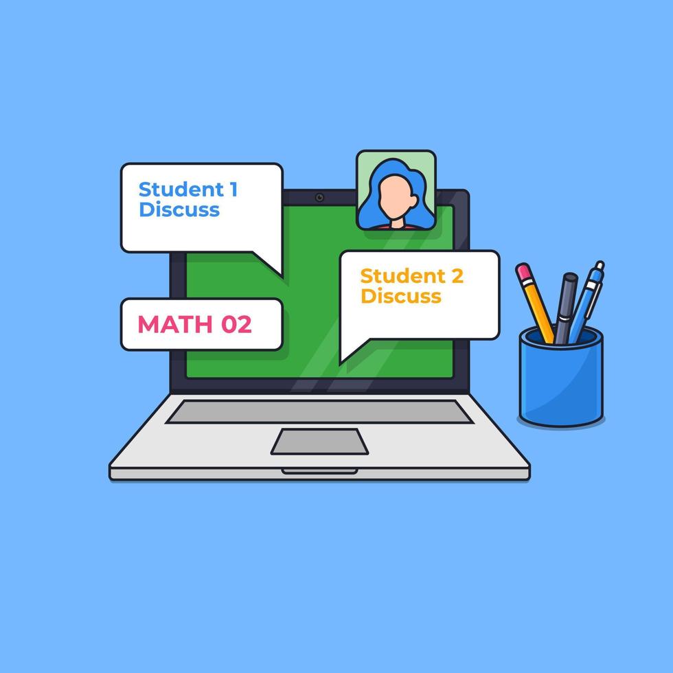 online class on the laptop with a cup of student tools simple vector illustration. modern education online school teaching concept cartoon style outline flat design