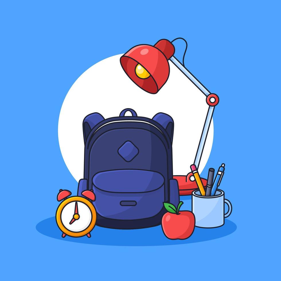 student backpack with full studying tools and desk sitting lamp vector illustration for back to school concept cartoon outline style flat design