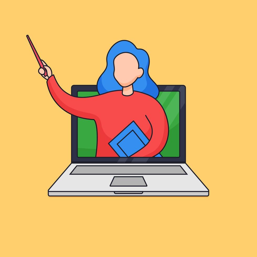 online teaching simple vector illustration. teacher present the lesson character out of the laptop screen for modern school concept design outline cartoon style