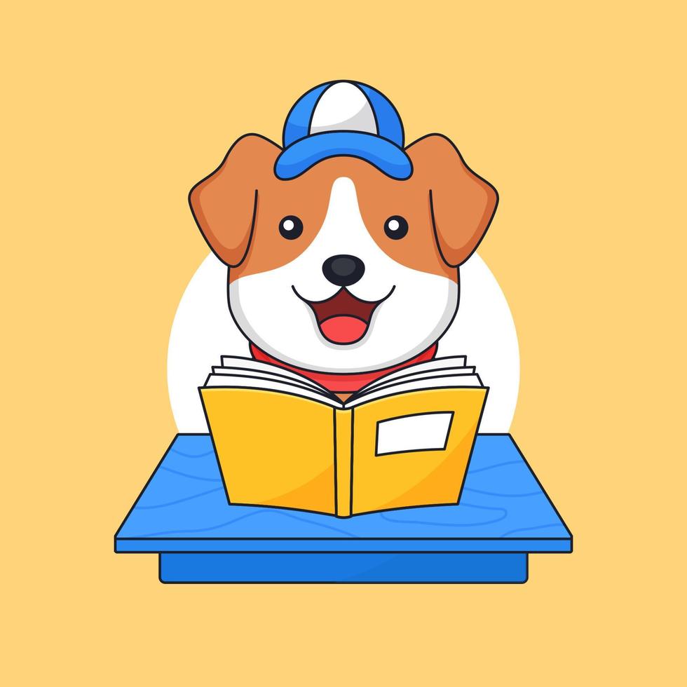 libro de lectura de perro en la mesa del aula actividad escolar animal contorno vectorial ilustración mascota vector