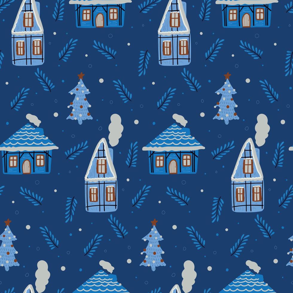 Christmas background with winter houses and twigs. vector