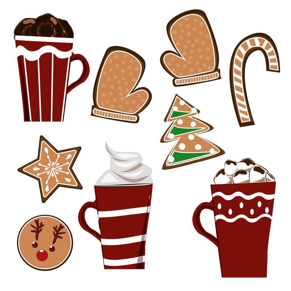 Winter set of mugs and cookies. Hot drinks . New Year and Christmas illustration. vector