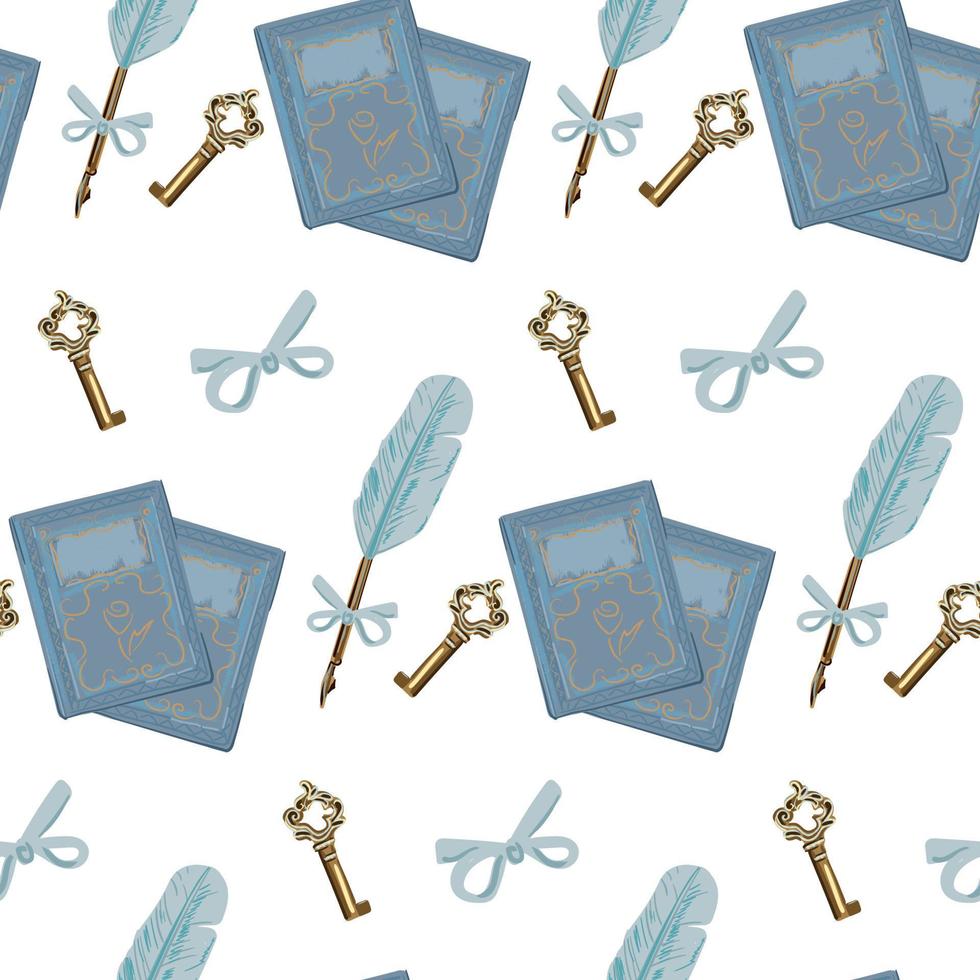 Vintage things, seamless pattern. An old book, a pen for writing and a key. vector