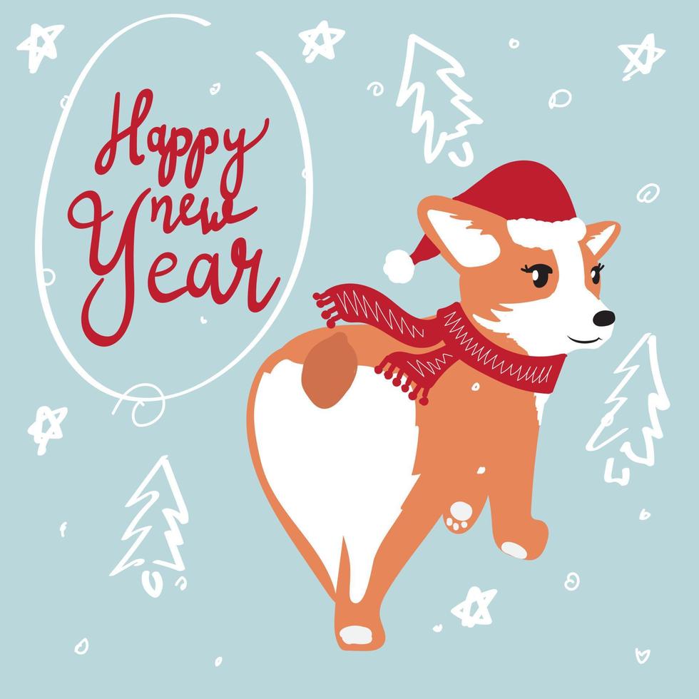 tarjeta de año nuevo con corgi. linda tarjeta navideña. vector