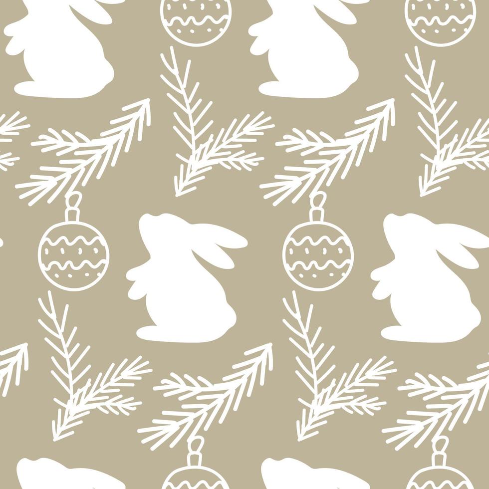 Christmas pattern with a rabbit and Christmas tree branches. vector