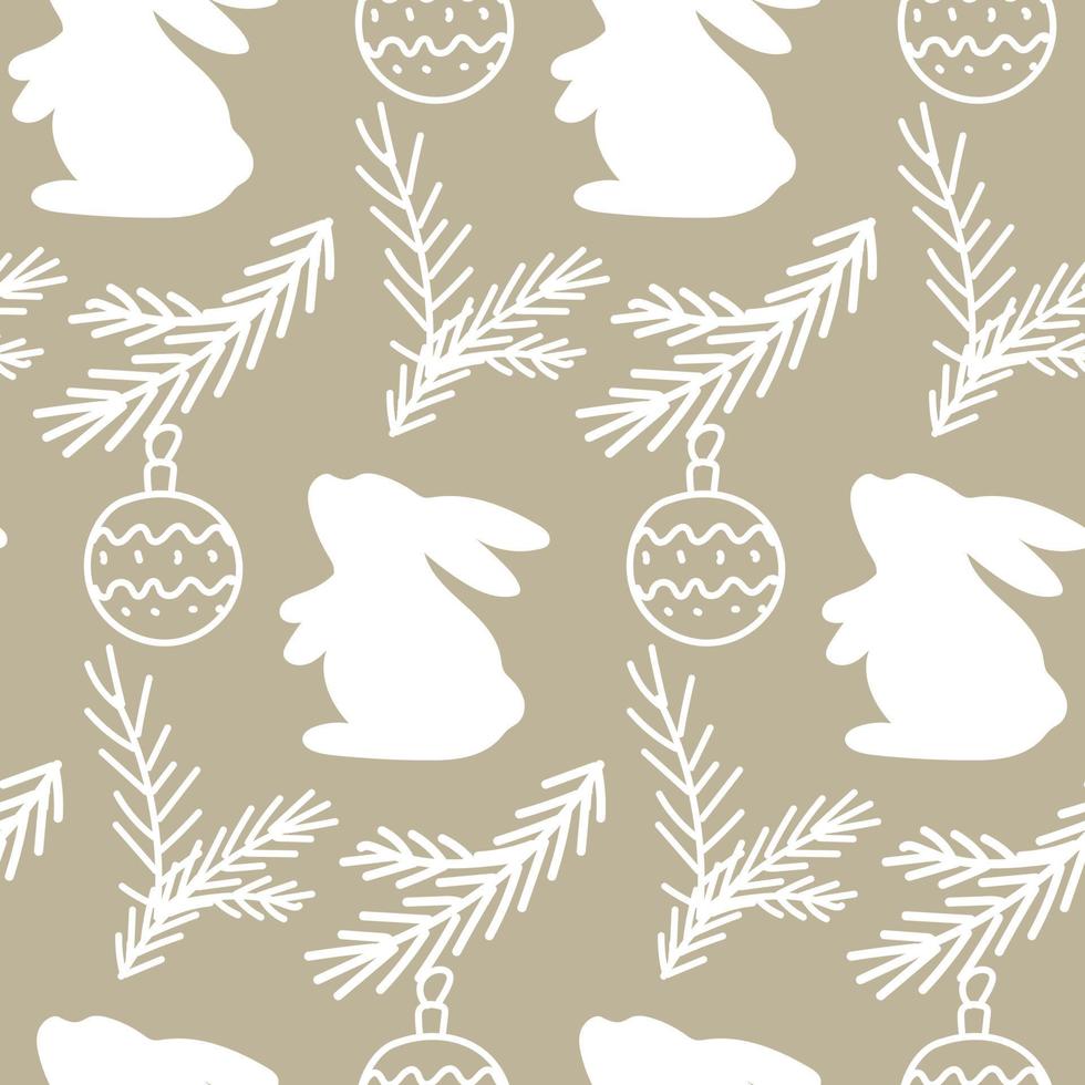 Christmas pattern with a rabbit and Christmas tree branches. vector