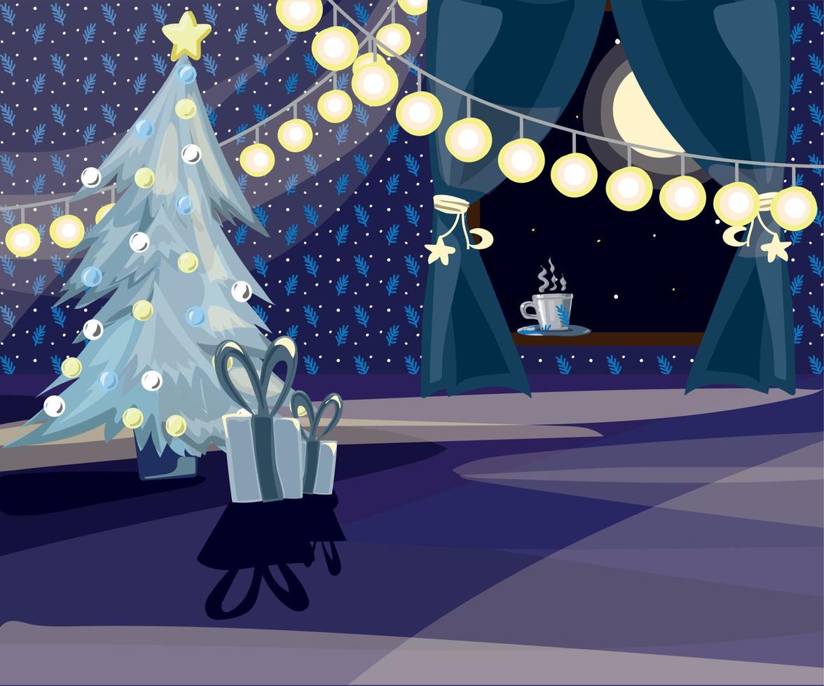 Christmas illustration of home interior. Christmas tree with gifts and garlands. vector