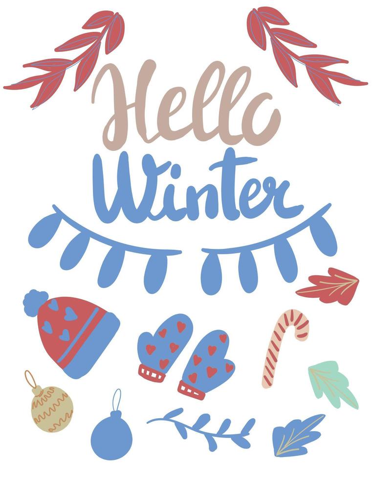 letras de invierno con elementos de vacaciones. Hola invierno. vector