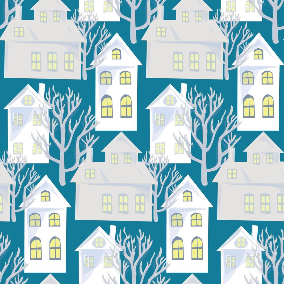Winter white houses on a blue background. Seamless christmas background. vector