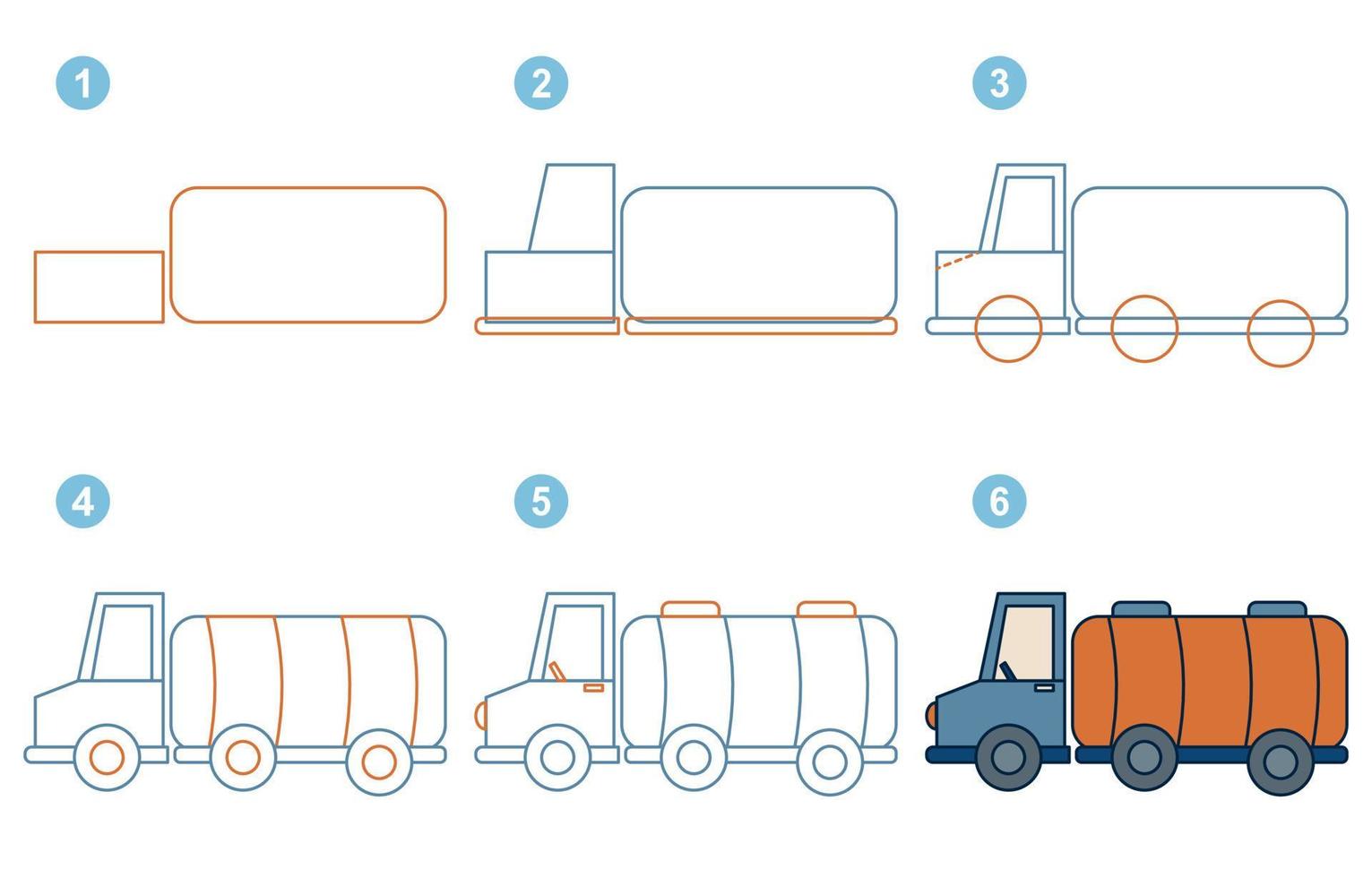 Instructions for drawing fuel tanker. Follow step by fuel tanker. Worksheet for kid learning to draw transport. Game for child vector page. Scheme for drawing fuel tanker. Vector illustration