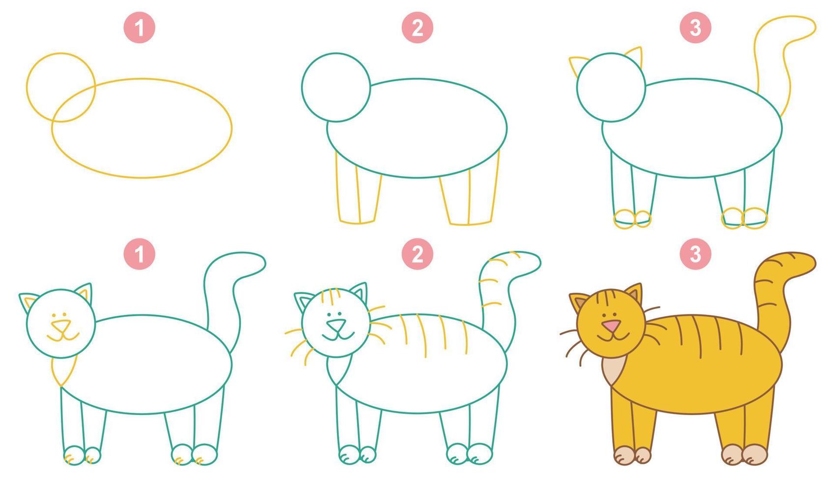 Instructions for drawing funny cat. Follow step by step. Worksheet for kid learning to draw animals. Game for child vector page. Scheme for drawing cat. Vector illustration
