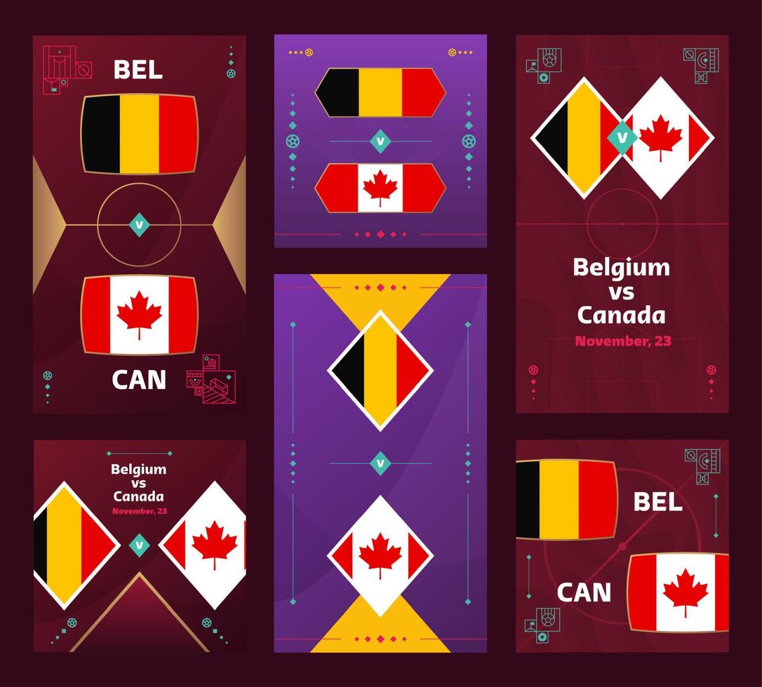 partido bélgica vs canadá. banner vertical y cuadrado de fútbol mundial 2022 para redes sociales. Infografía de fútbol 2022. fase de grupos anuncio de ilustración vectorial vector