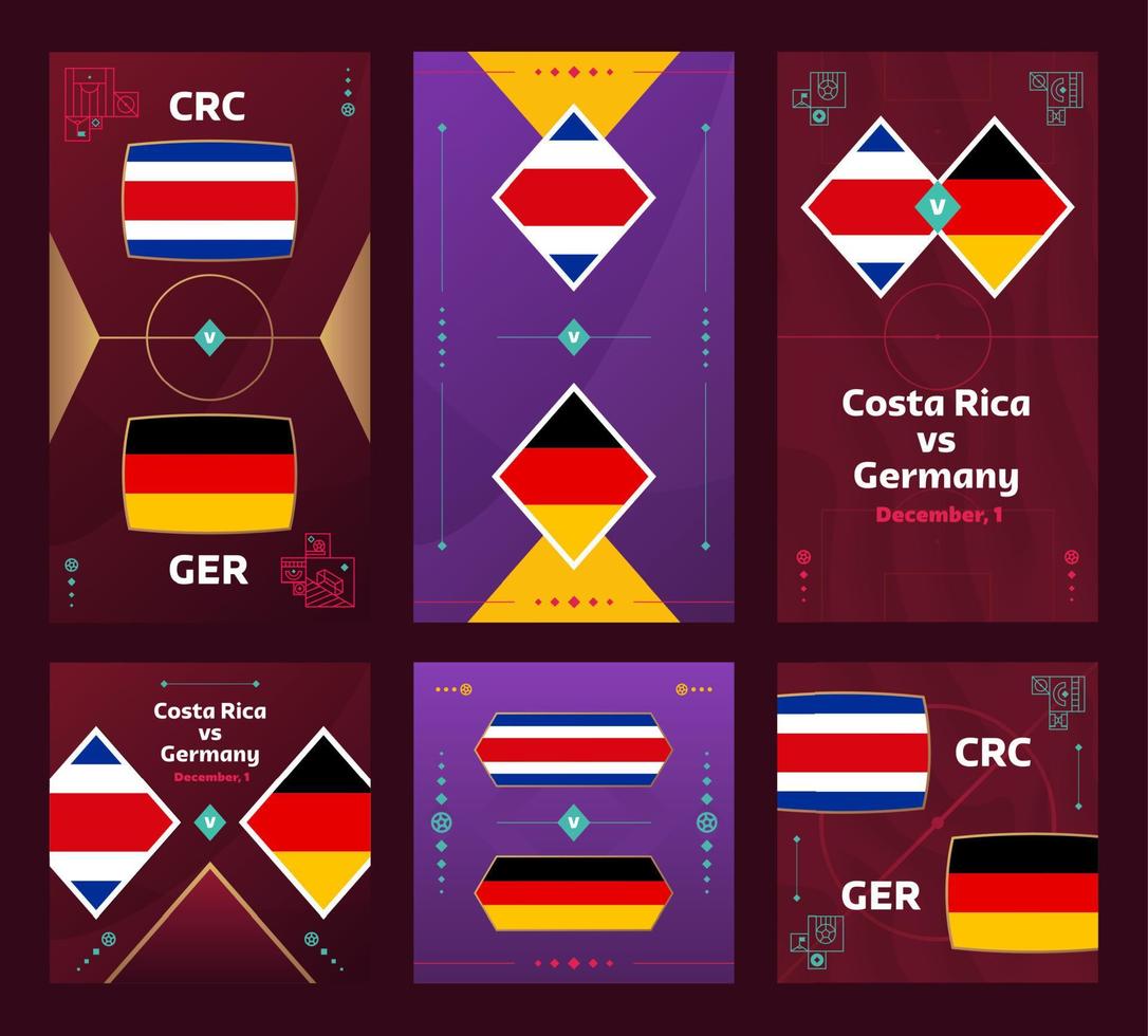 Costa Rica vs Germany Match. World Football 2022 vertical and square banner set for social media. 2022 Football infographic. Group Stage. Vector illustration announcement