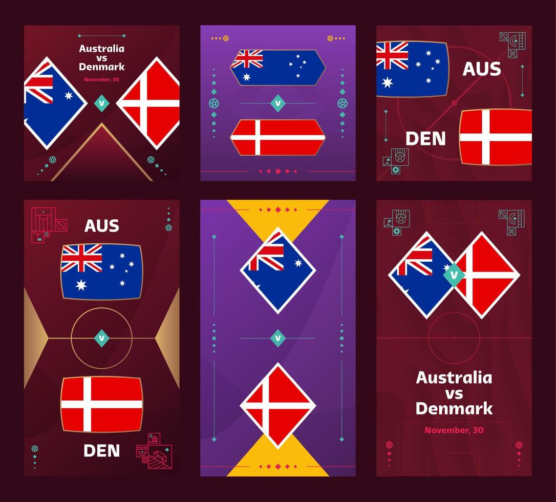 Australia vs Denmark Match. World Football 2022 vertical and square banner set for social media. 2022 Football infographic. Group Stage. Vector illustration announcement
