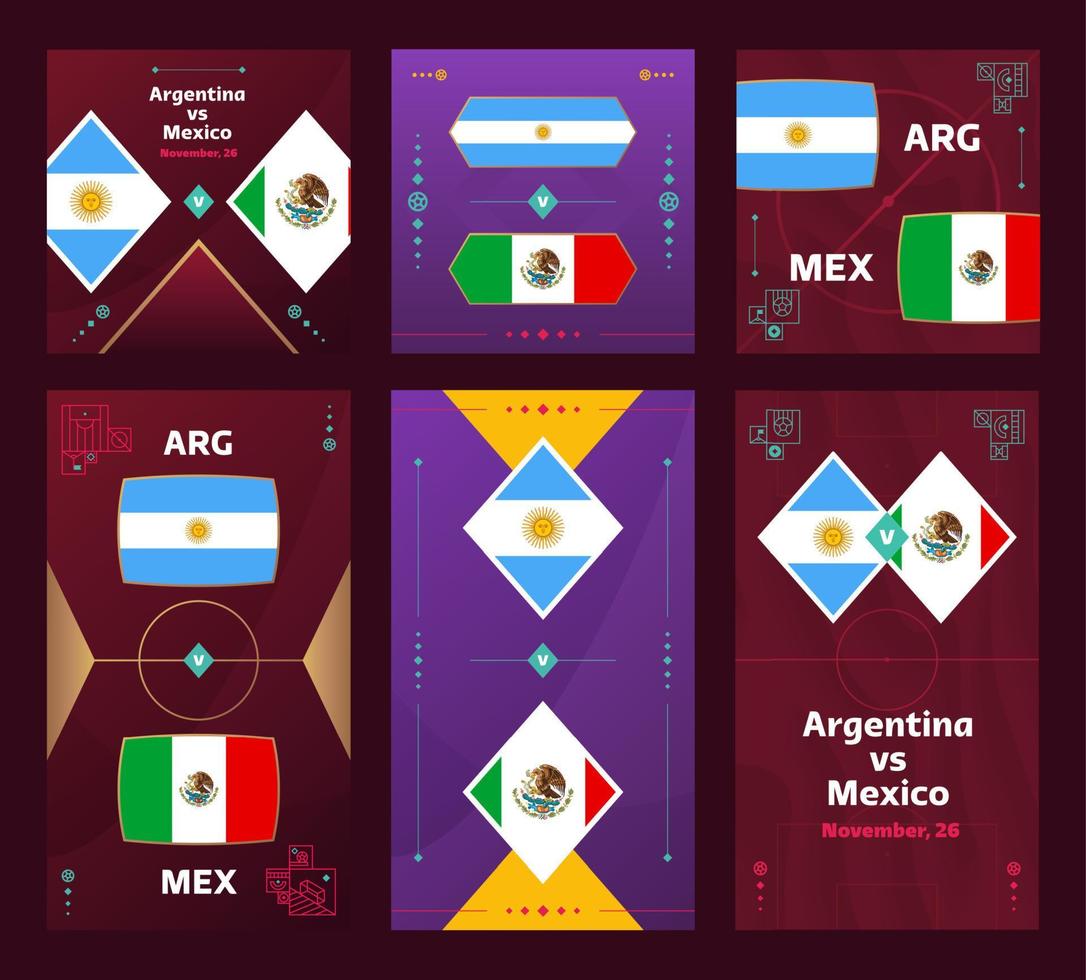 Partido argentina vs mexico. banner vertical y cuadrado de fútbol mundial 2022 para redes sociales. Infografía de fútbol 2022. fase de grupos anuncio de ilustración vectorial vector