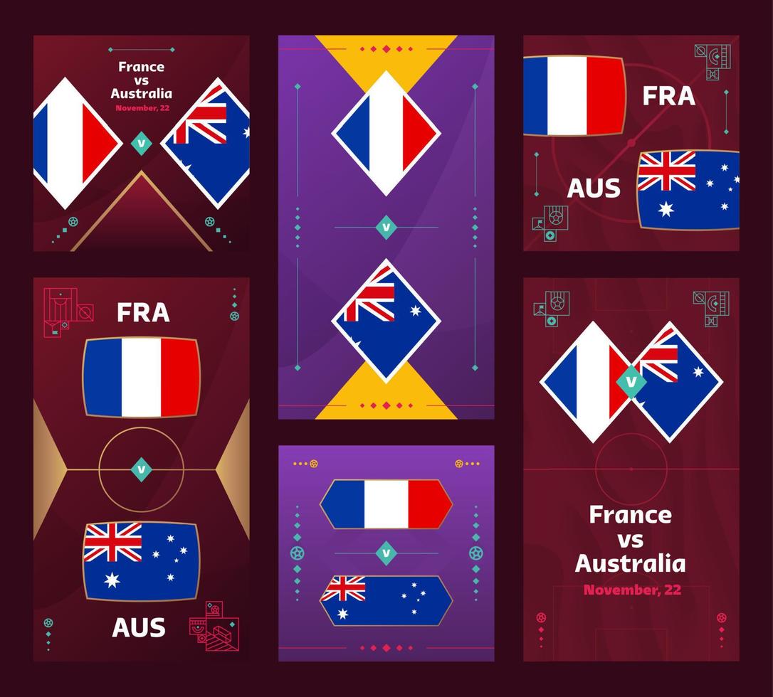 partido francia vs australia. banner vertical y cuadrado de fútbol mundial 2022 para redes sociales. Infografía de fútbol 2022. fase de grupos anuncio de ilustración vectorial vector
