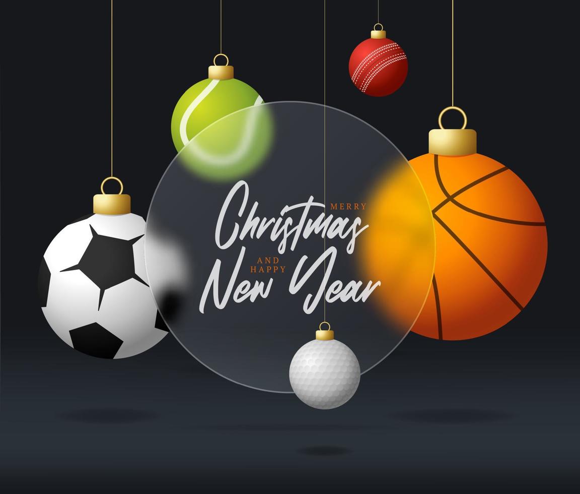 banner de venta de navidad deportiva o tarjeta de felicitación. feliz año nuevo y feliz navidad banner deportivo con efecto de desenfoque de morfismo de vidrio, morfismo de vidrio o morfismo de vidrio. ilustración vectorial realista vector