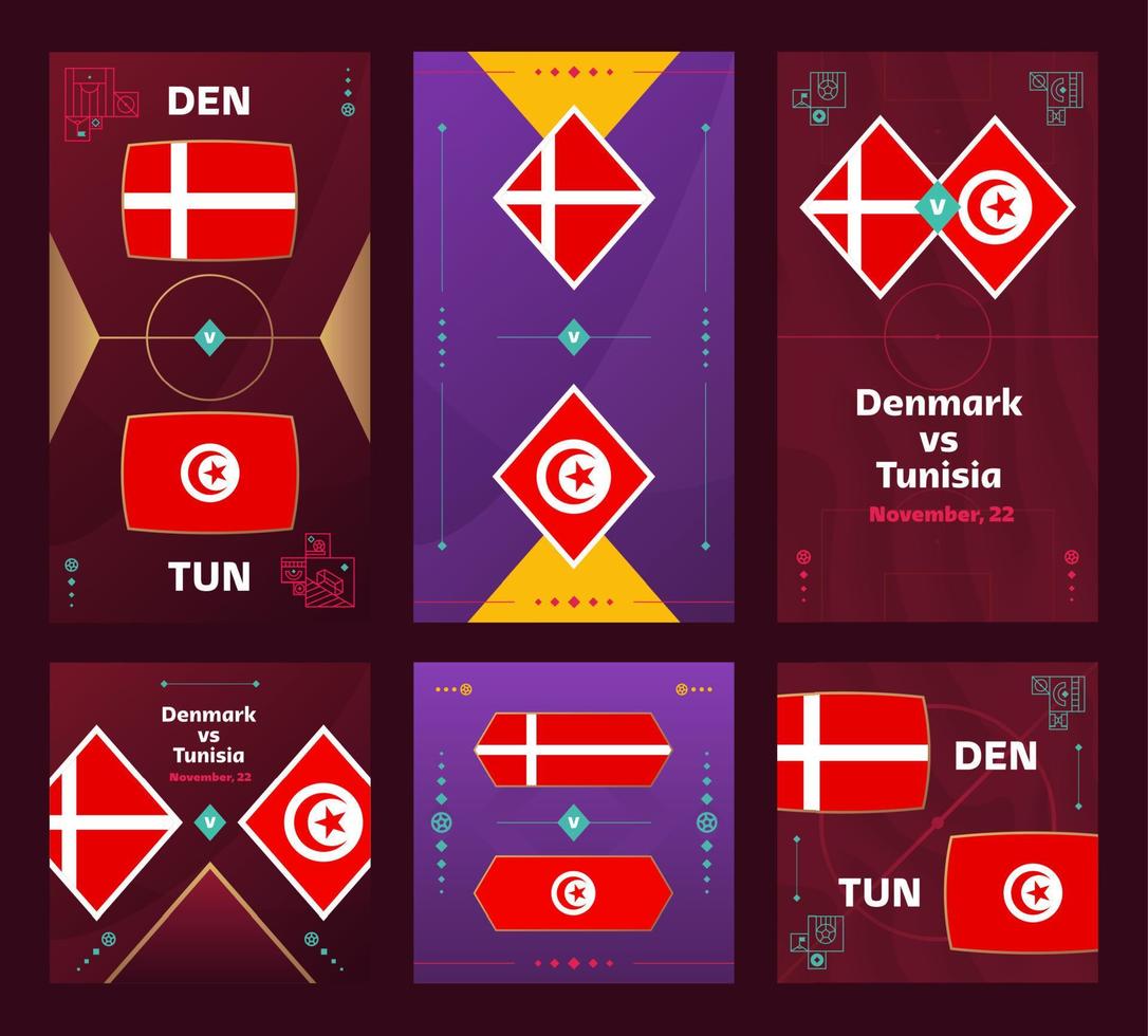 Denmark vs Tunisia Match. World Football 2022 vertical and square banner set for social media. 2022 Football infographic. Group Stage. Vector illustration announcement