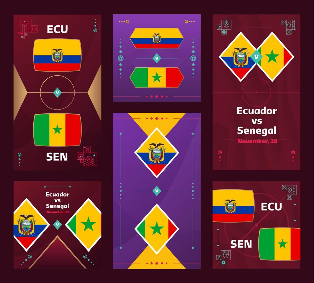 Ecuador vs Senegal Match. World Football 2022 vertical and square banner set for social media. 2022 Football infographic. Group Stage. Vector illustration announcement