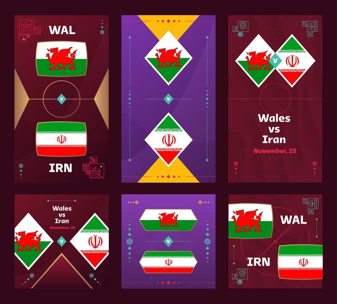 partido gales vs iran. banner vertical y cuadrado de fútbol mundial 2022 para redes sociales. Infografía de fútbol 2022. fase de grupos anuncio de ilustración vectorial vector