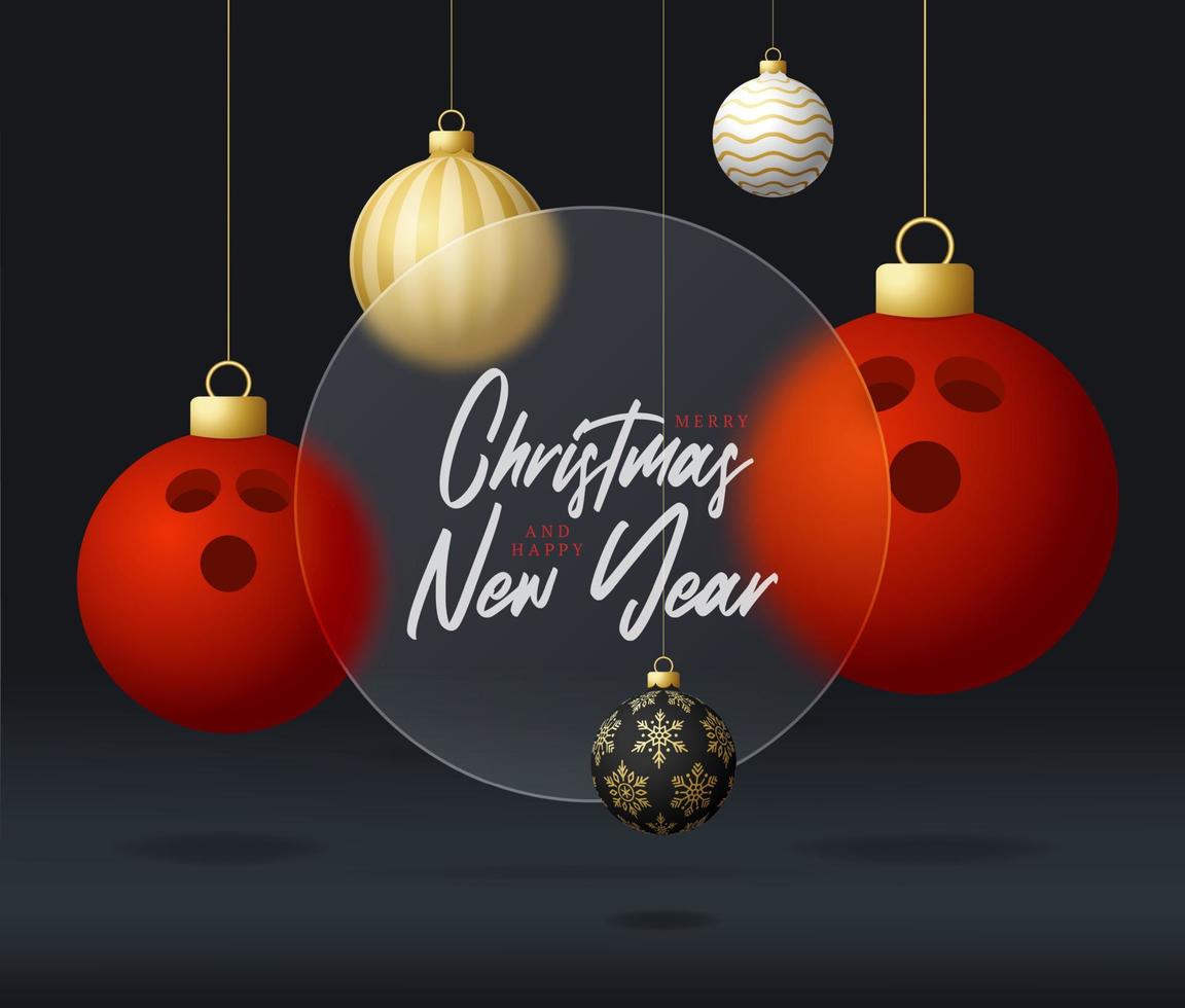 banner de venta de navidad de bolos o tarjeta de felicitación. feliz año nuevo y feliz navidad banner deportivo con efecto de desenfoque de morfismo de vidrio, morfismo de vidrio o morfismo de vidrio. ilustración vectorial realista vector