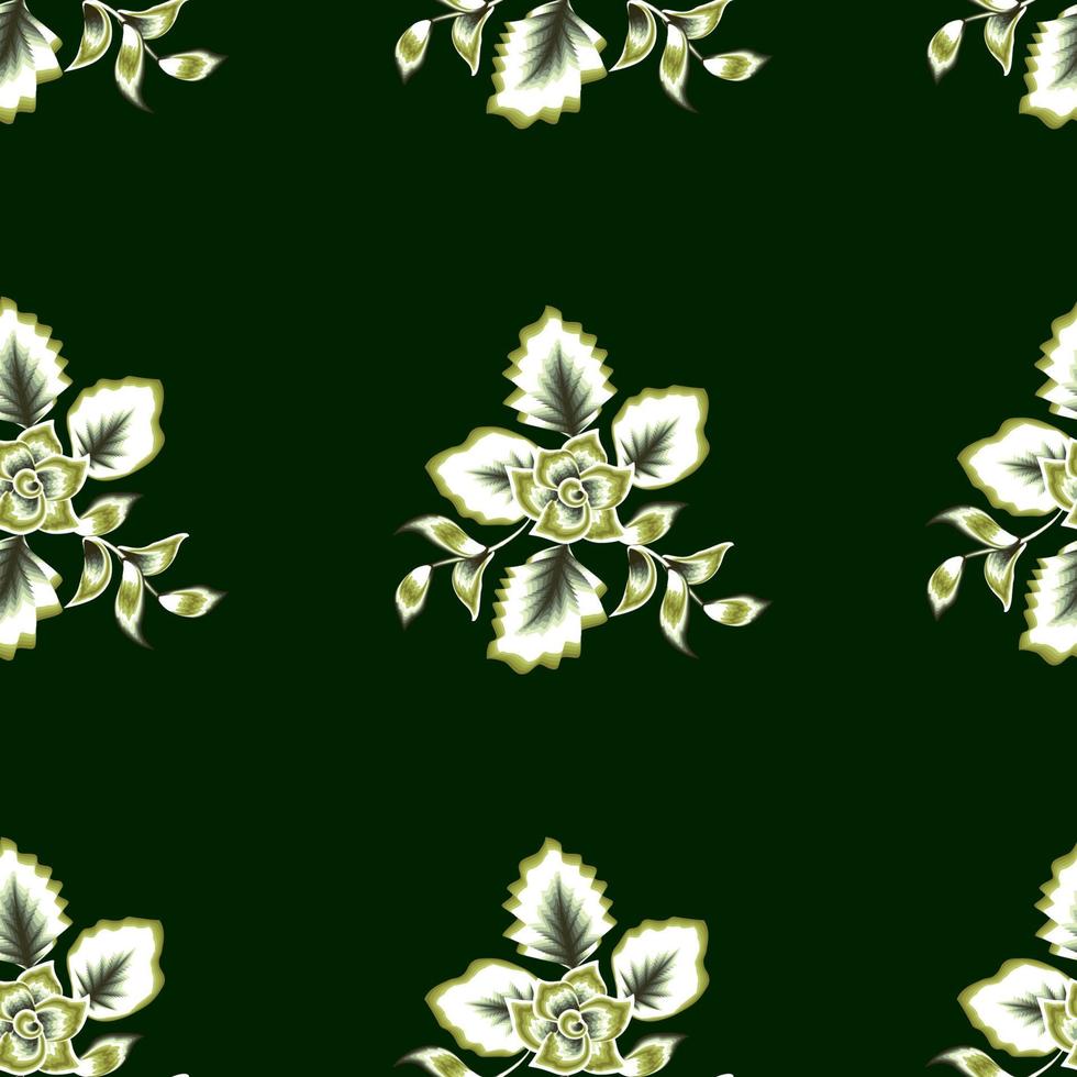 Botanical seamless tropical pattern with green plants leaves and abstract flowers foliage on dark background. nature wallpaper. Floral background. decoration Vector design. Printing and textiles