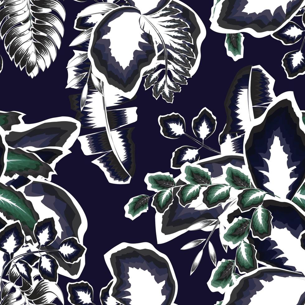 Night exotic jungle illustration seamless pattern with green tropical plant and leaves on dark background. fabric t-shirt. vintage wallpaper. Hand draw texture. Vector template. Fashionable texture