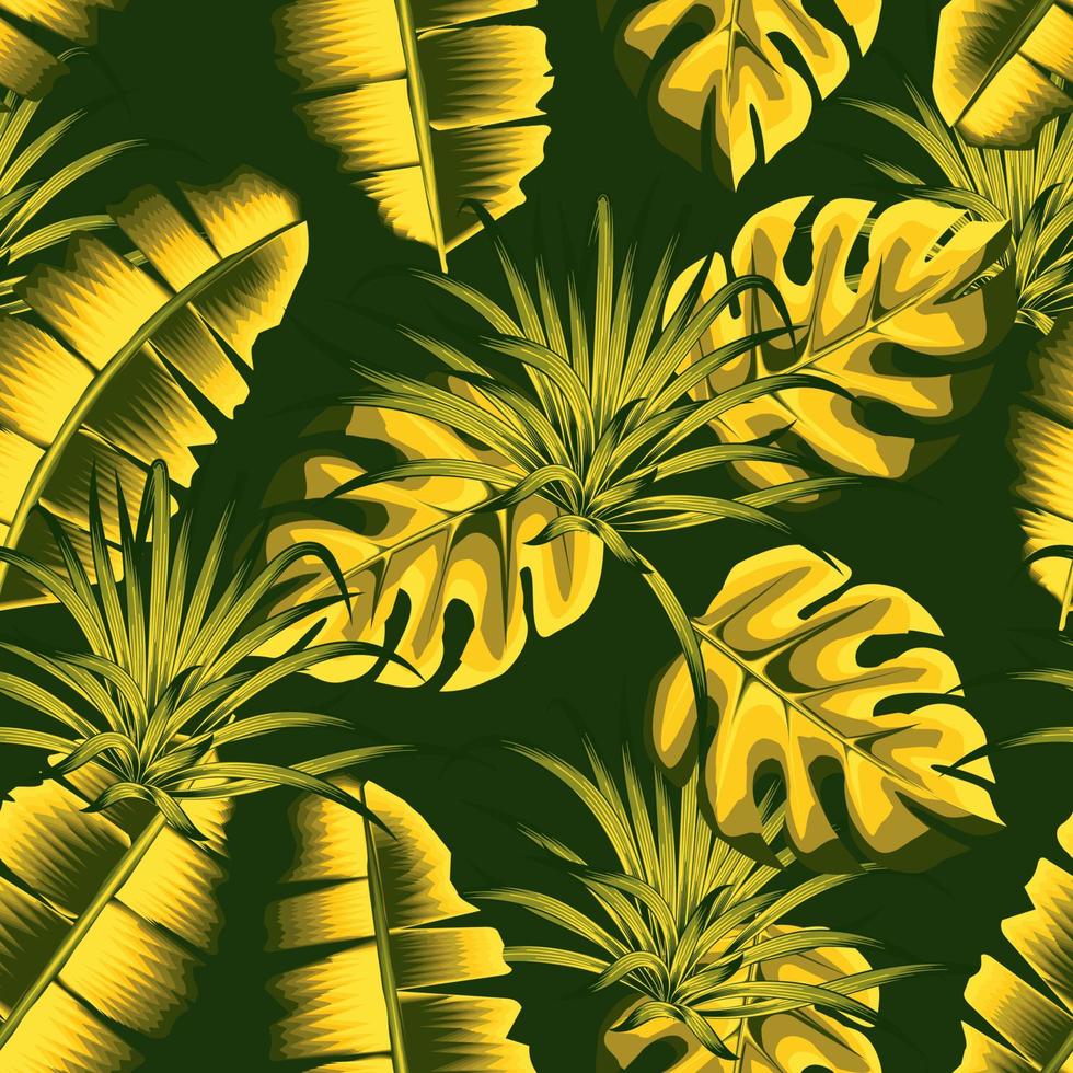 plátanos monocromáticos verdes hojas de monstera patrón sin costuras con plantas tropicales y follaje sobre fondo oscuro. textura de moda. impresión de la selva. fondo tropical. decoración de verano otoño. primavera vector