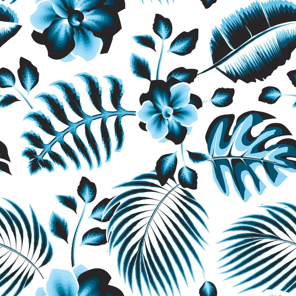 tropical background seamless pattern with vintage blue monochromatic plants leaves and foliage on white background. banana monstera leaves. jasmine flowers. Floral background. botanical background vector