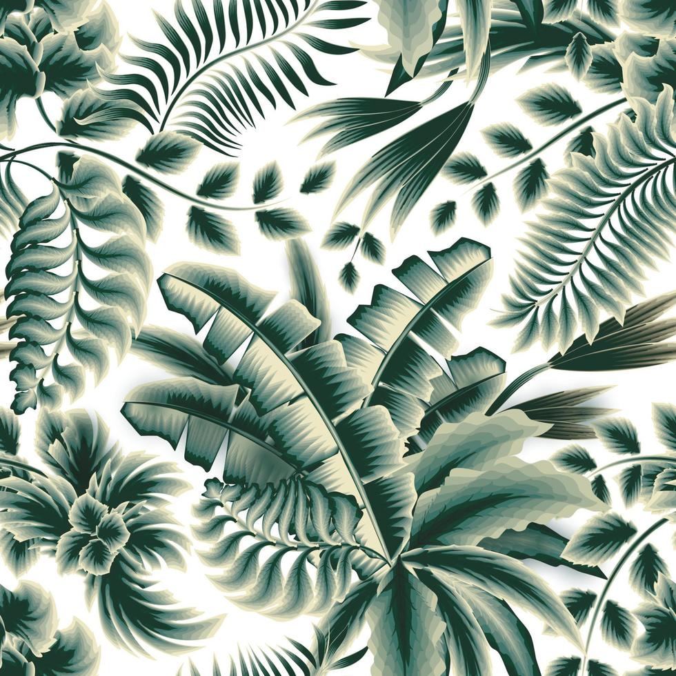 vintage jungle illustration seamless pattern with green monochromatic tropical leaves and plant foliage on white background. forest wallpaper. tropical background. naturral background. Exotic tropic vector