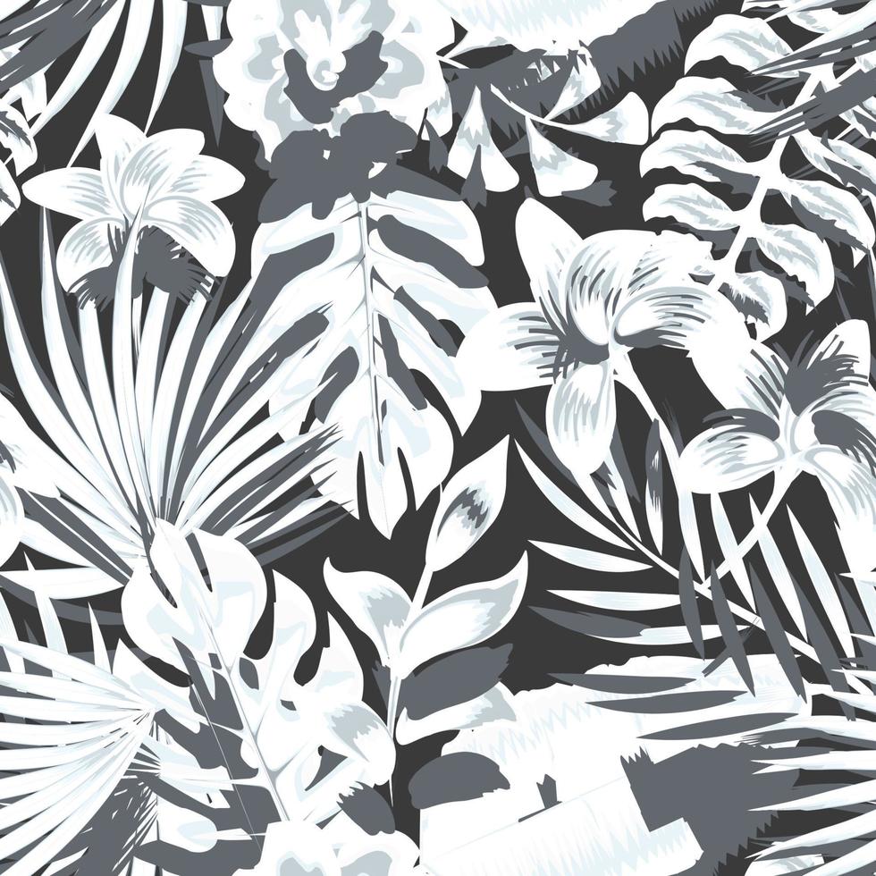 patrón tropical abstracto sin costuras con hojas de plantas vintage grises y follaje sobre fondo nocturno. planta exótica. fondo de pantalla de la selva. textura de moda. estampado hawaiano de verano. fondo floral. primavera vector