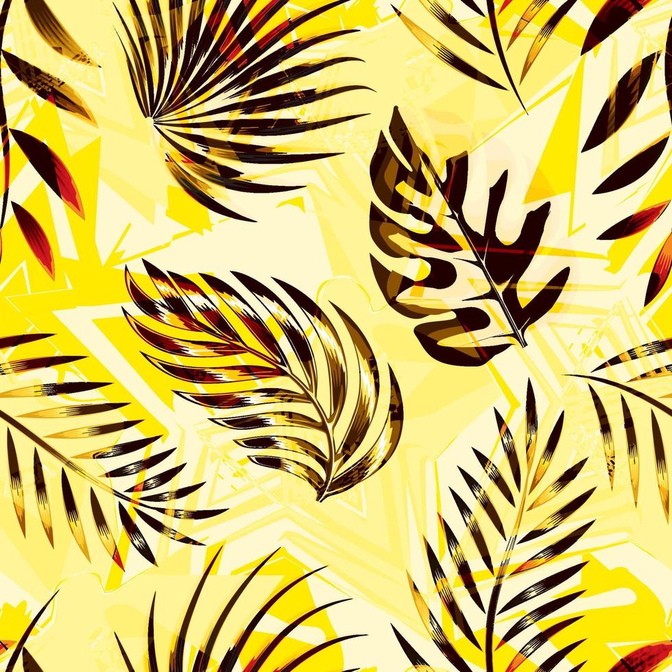 hojas de plantas tropicales y patrones sin fisuras de follaje sobre fondo amarillo abstracto. fondo grunge de la vendimia. papel pintado de la naturaleza. fondo tropical decorativo. trópicos exóticos. diseño de verano vector