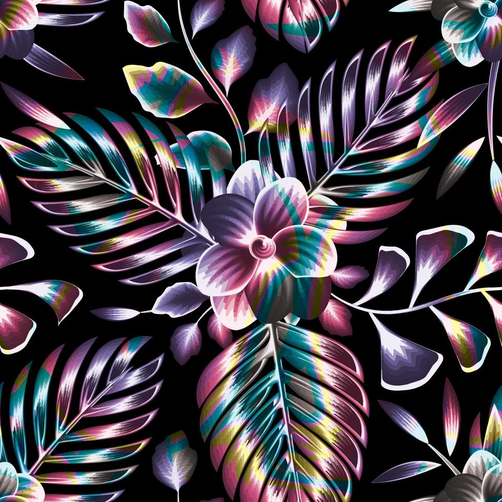 colorful tropical palm leaves seamless pattern with abstract flower and plants foliage on dark background. beautiful night summer tropical plant. nature background. Floral background. fashionable vector